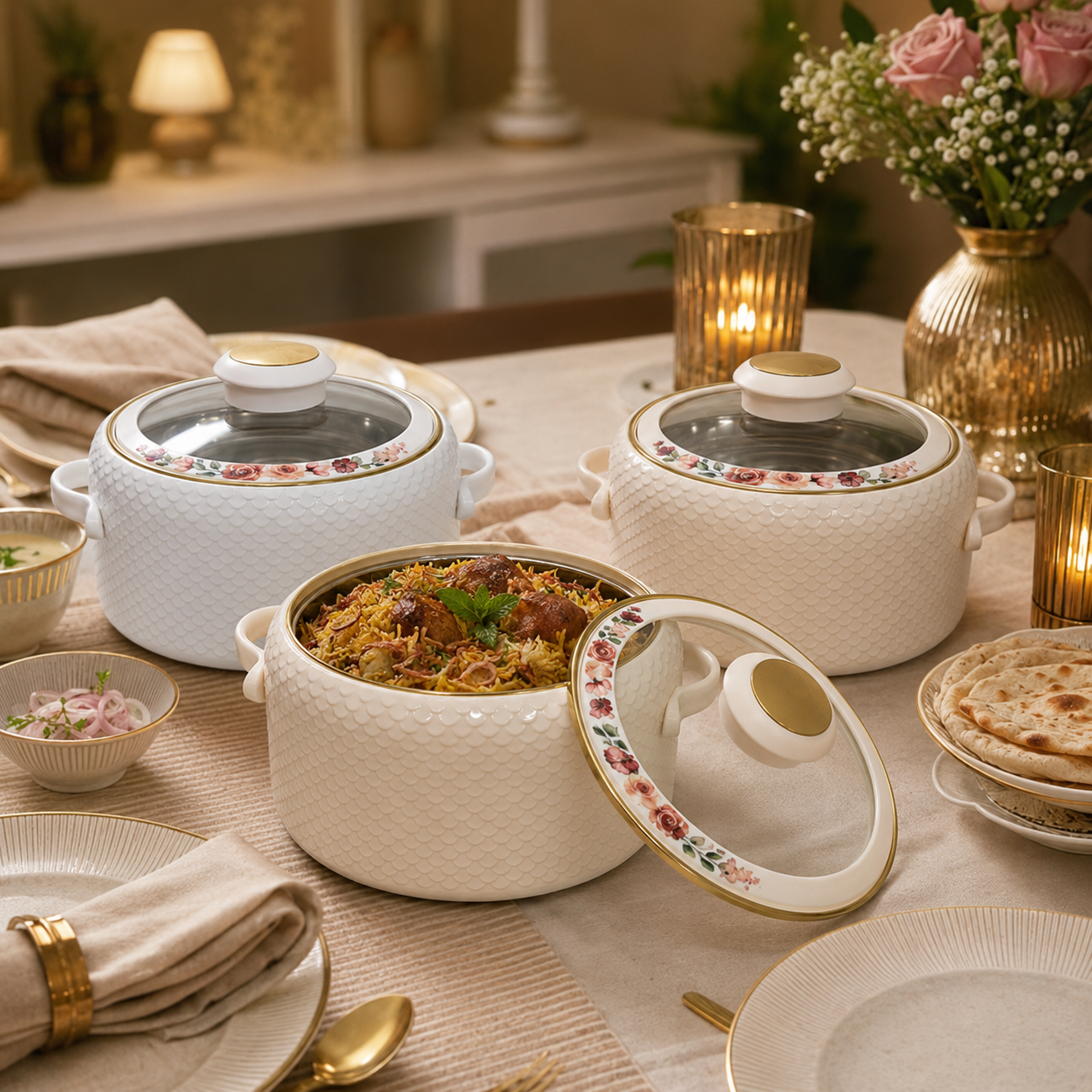 Coral 3 Pcs Hotpot Set With with Glass Lid. (1000, 1500, 2000ml) White & Cream Colour