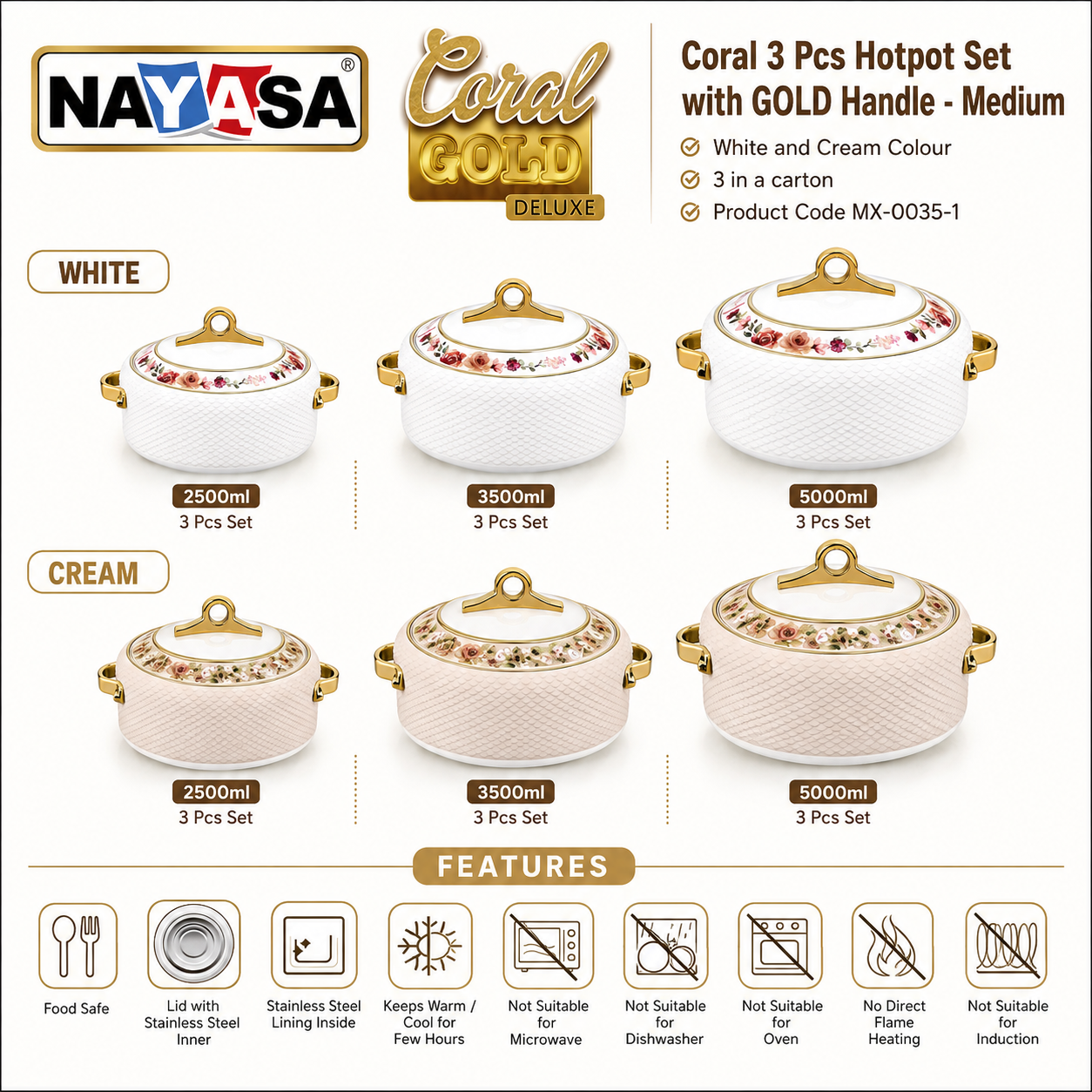 Coral 3 Pcs Hotpot Set - GOLD Handle - Medium (2500, 3500, 5000ml)