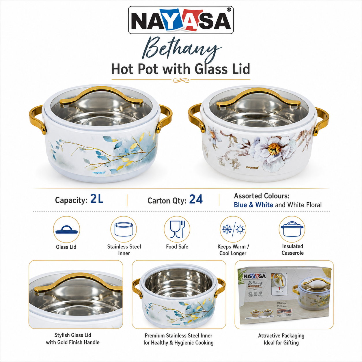 Bethany Hot pot - Glass lid - 2L - Blue and white