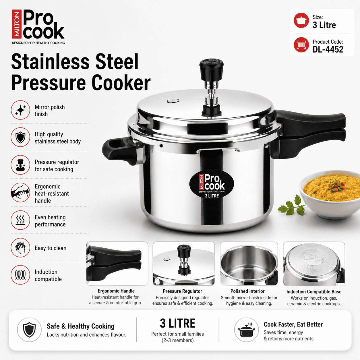3 litre Triply Stainless Steel Pressure Cooker
