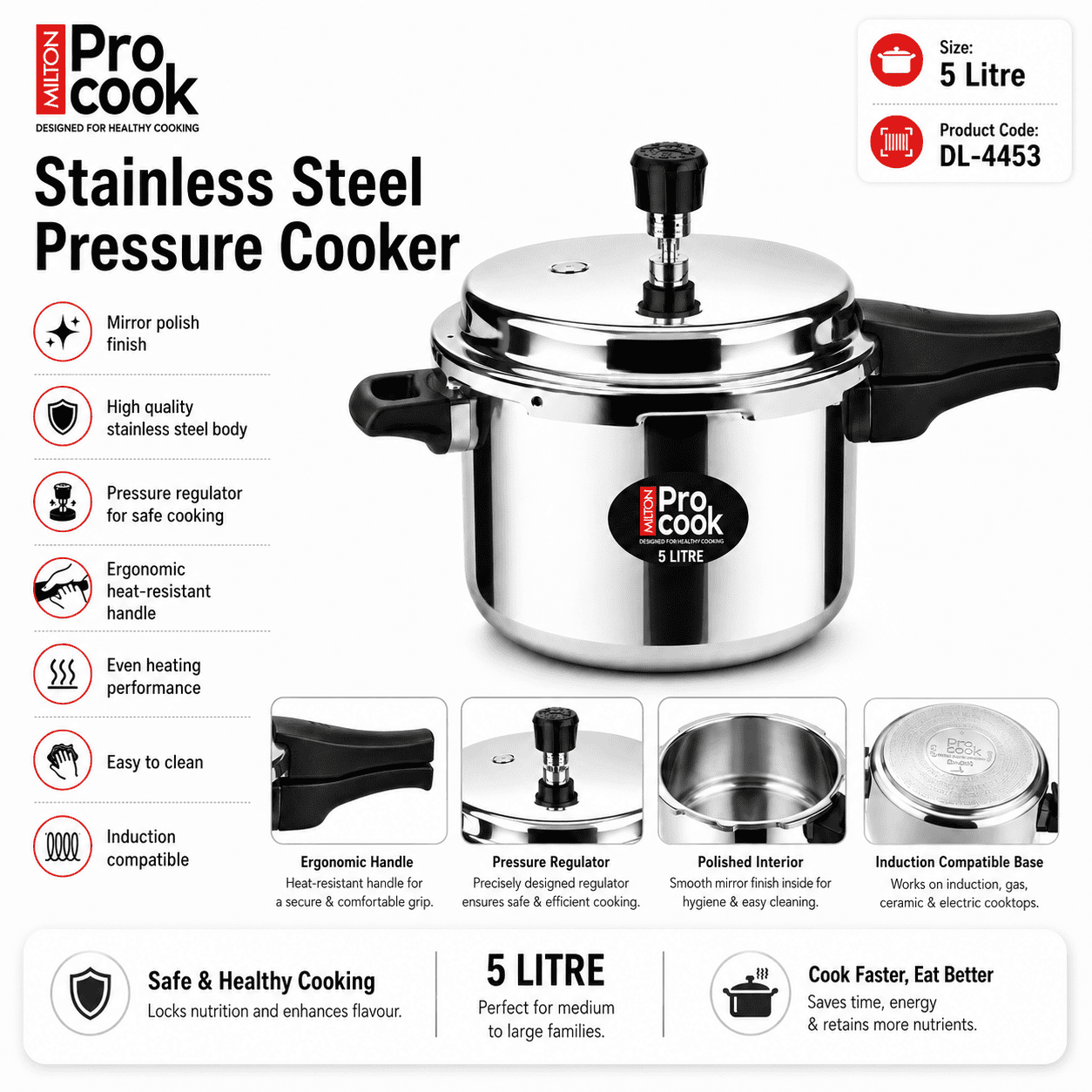 5 litre Triply Stainless Steel Pressure Cooker