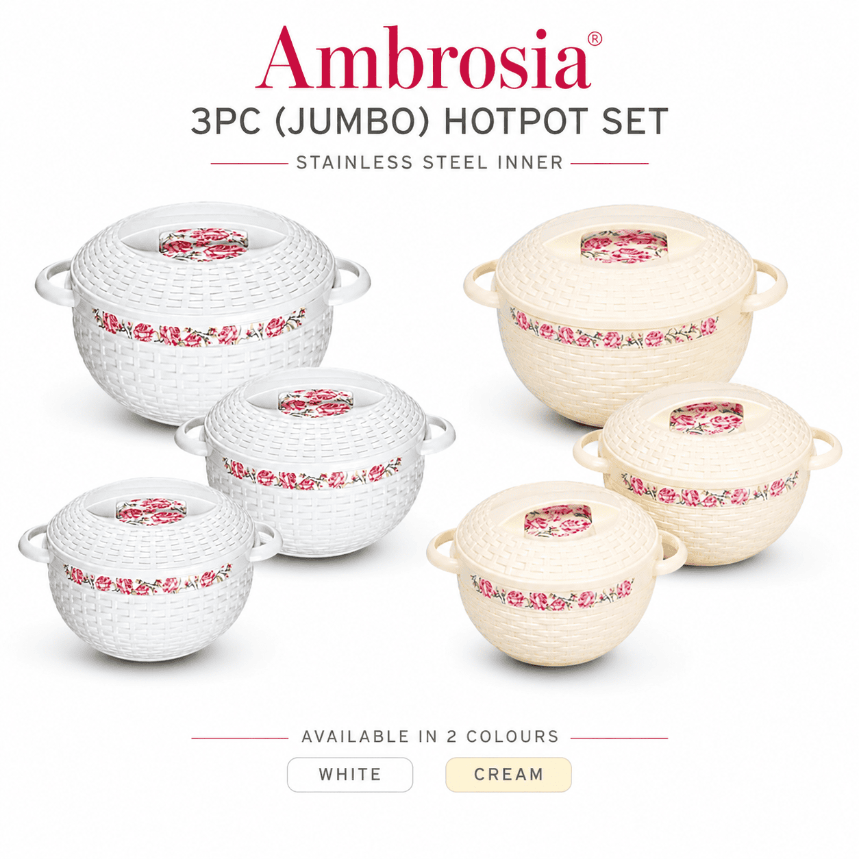 Ambrosia 3pc Hotpot Set 5.0L-7.5L-10L - Assorted Colours