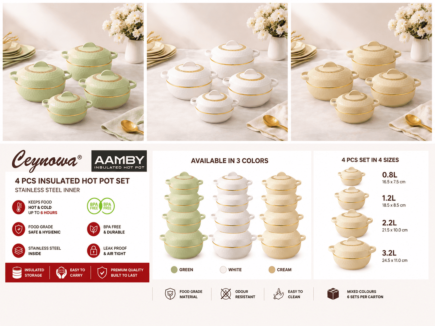 Aamby 4pcs Hotpot Set (0.8L, 1.2L, 2.2L, 3.2L) - Assorted Colours