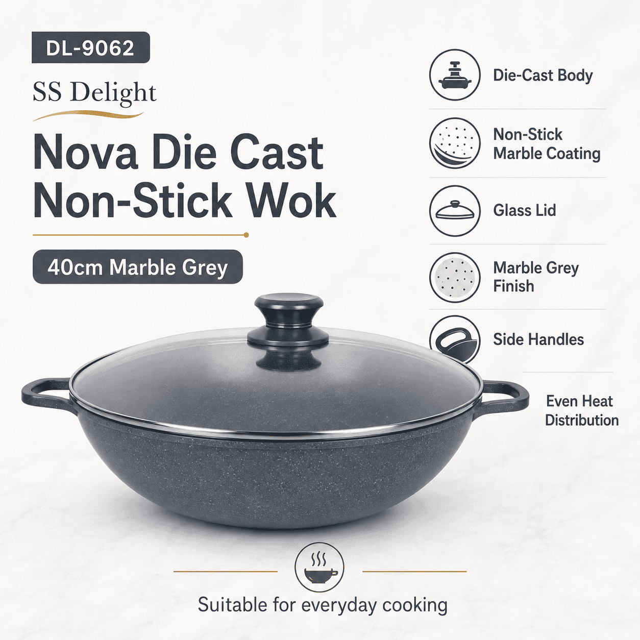 Nova Diecast Non-Stick  Wok 40cm Grey