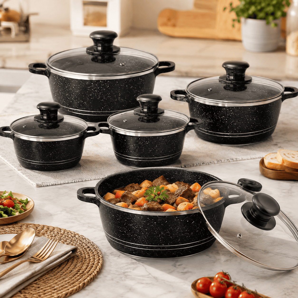 Nova 5pc Marble Diecast Stockpot Black (20cm-24cm-28cm-30cm-32cm)