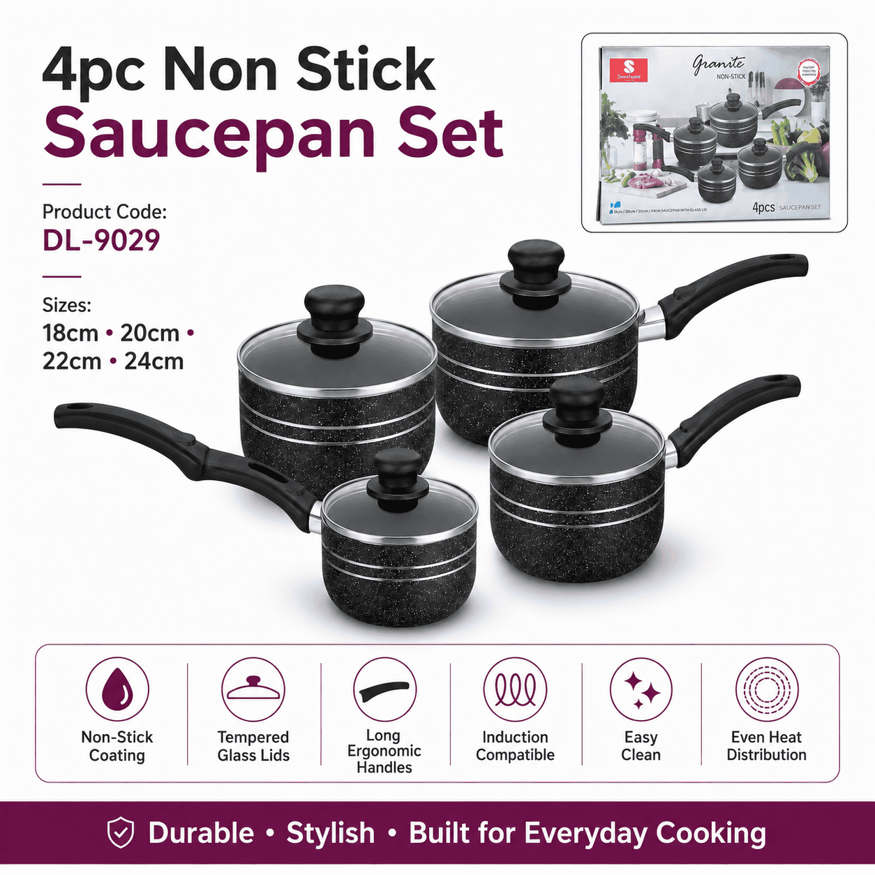 4pc Non-Stick Aluminium Saucepan Set (18, 20, 22, 24cm)